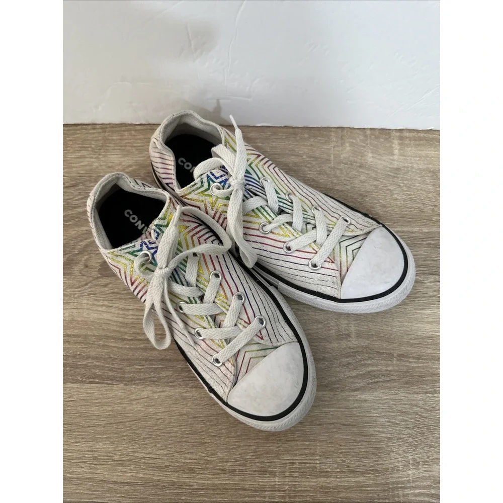 Converse Shoes Youth 3 Rainbow Star Sneakers White Canvas Low Top Casual 665398F